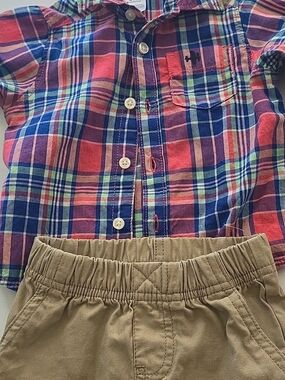 Carter's Plaid Button-Up Top and Tan Shorts Set - Red, Blue, Green